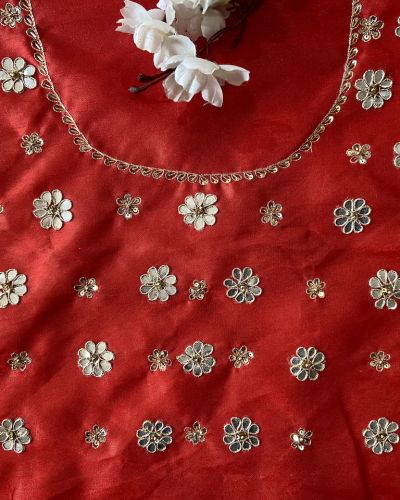 All Over Buta Floral Design Hand Embroidered On Red Unstitched Blouse Piece