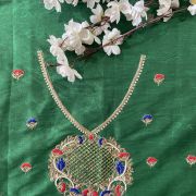 Hand embroidered blouse piece | Detailed Dabka & Sequin Hand Embroidery In Traditional Pattern On Green Pure Silk Unstitched Blouse Piece