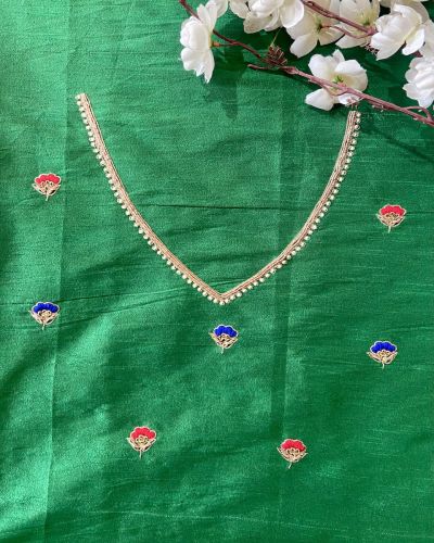 Detailed Dabka & Sequin Hand Embroidery In Traditional Pattern On Green Pure Silk Unstitched Blouse Piece