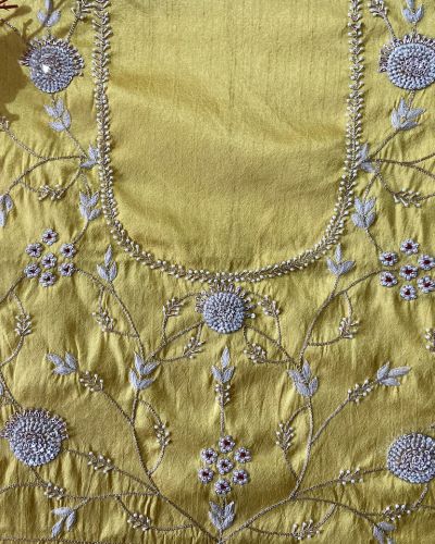 Heavy Zardozi Embroidery On Yellow Ochre On Unstitched Blouse Piece