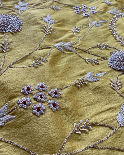 Heavy Zardozi Embroidery On Yellow Ochre On Unstitched Blouse Piece