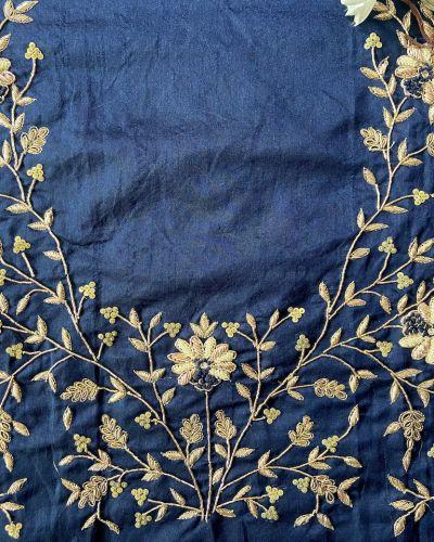 Navy Blue Heavy Zardozi Hand Embroidered Floral Design On Unstitched Blouse Piece