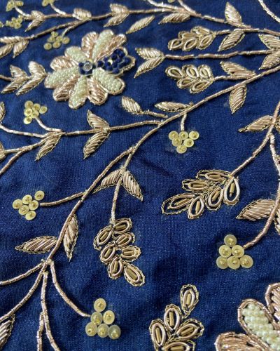 Navy Blue Heavy Zardozi Hand Embroidered Floral Design On Unstitched Blouse Piece