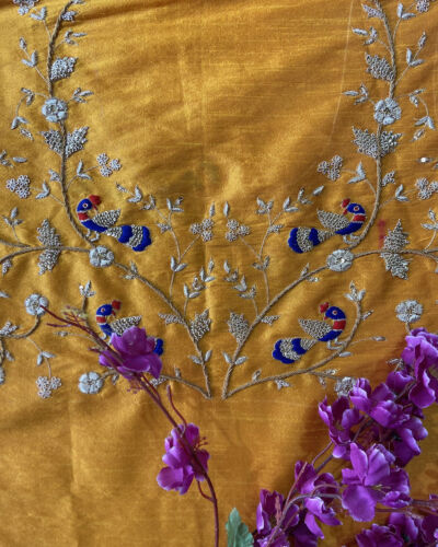 Heavy Dabka Work & Peacock Figure On Pure Silk Unstitched Blouse Piece