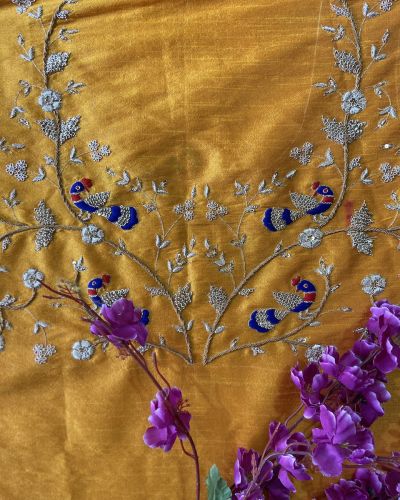 Heavy Dabka Work & Peacock Figure On Pure Silk Unstitched Blouse Piece