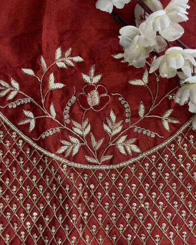 Maroon Heavy Zardozi Hand Embroidered Floral & Jaal Design On Unstitched Blouse Piece