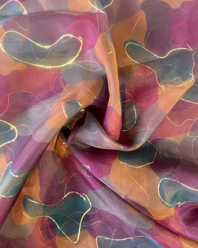 Multicolour Tie & Dye Shibori Printed With Gold Foil Embroidery Organza Fabric