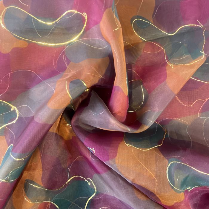 Multicolour Tie & Dye Shibori Printed With Gold Foil Embroidery Organza Fabric