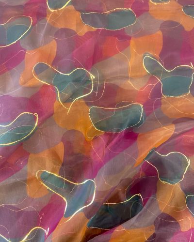 Multicolour Tie & Dye Shibori Printed With Gold Foil Embroidery Organza Fabric