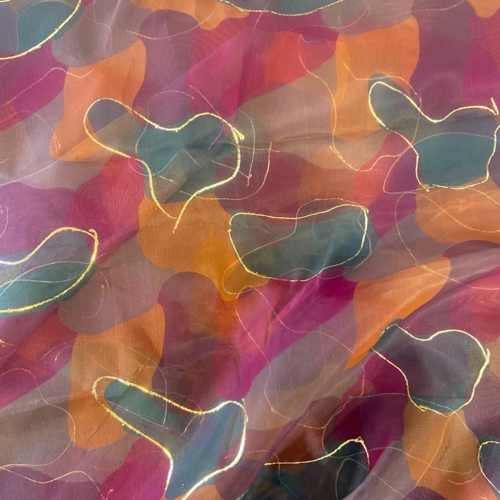 Multicolour Tie & Dye Shibori Printed With Gold Foil Embroidery Organza Fabric