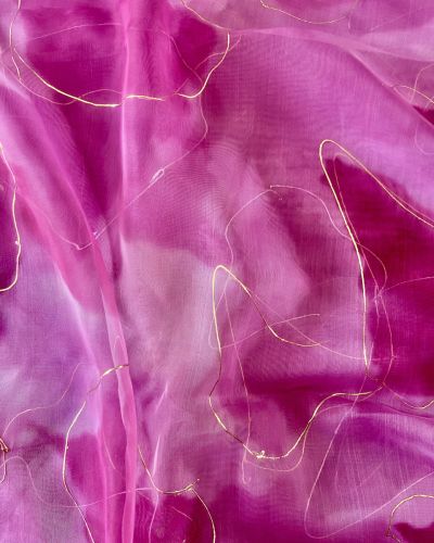 Pink Tie & Dye Shibori Printed With Gold Foil Embroidery Organza Fabric