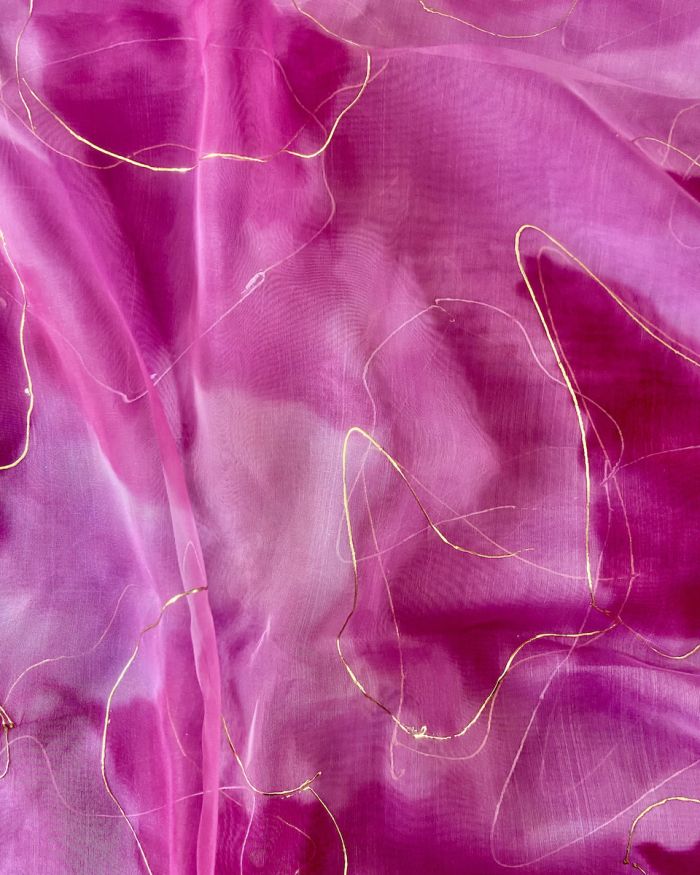 Pink Tie & Dye Shibori Printed With Gold Foil Embroidery Organza Fabric