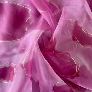 Pink Tie & Dye Shibori Printed With Gold Foil Embroidery Organza Fabric