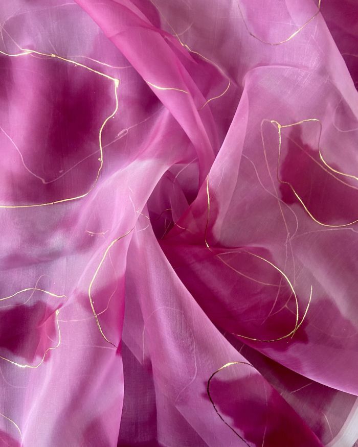 Pink Tie & Dye Shibori Printed With Gold Foil Embroidery Organza Fabric