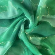 Green Tie & Dye Shibori Printed With Gold Foil Embroidery Organza Fabric