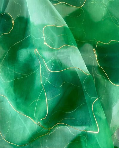 Green Tie & Dye Shibori Printed With Gold Foil Embroidery Organza Fabric