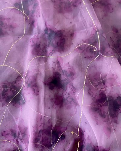 Magenta Purple Tie & Dye Shibori Printed With Gold Foil Embroidery Organza Fabric