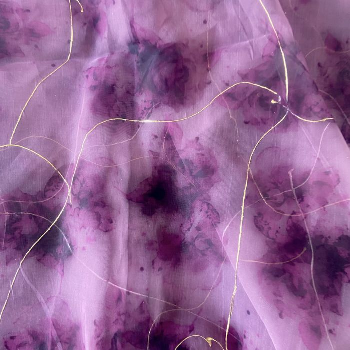 Magenta Purple Tie & Dye Shibori Printed With Gold Foil Embroidery Organza Fabric