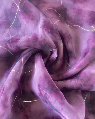 Magenta Purple Tie & Dye Shibori Printed With Gold Foil Embroidery Organza Fabric