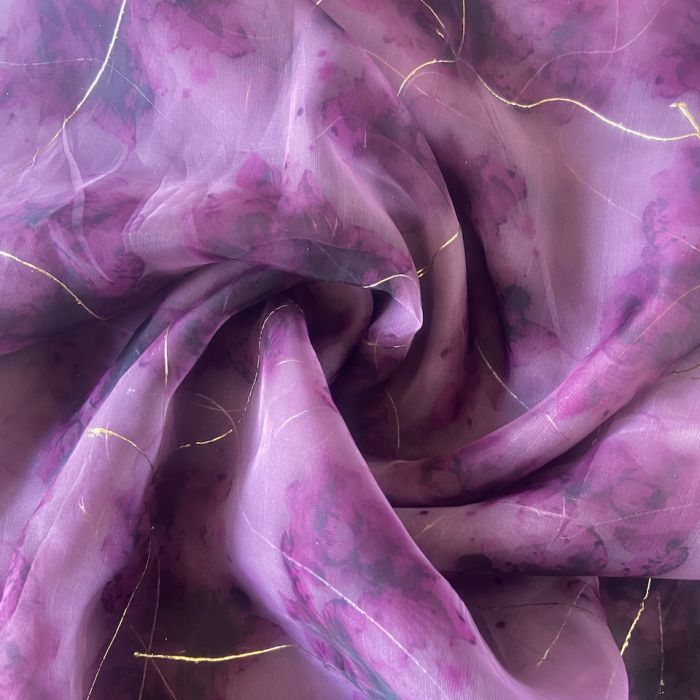 Magenta Purple Tie & Dye Shibori Printed With Gold Foil Embroidery Organza Fabric