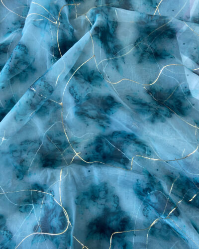 Aqua Blue Tie & Dye Shibori Printed With Gold Foil Embroidery Organza Fabric