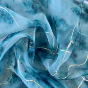 Aqua Blue Tie & Dye Shibori Printed With Gold Foil Embroidery Organza Fabric