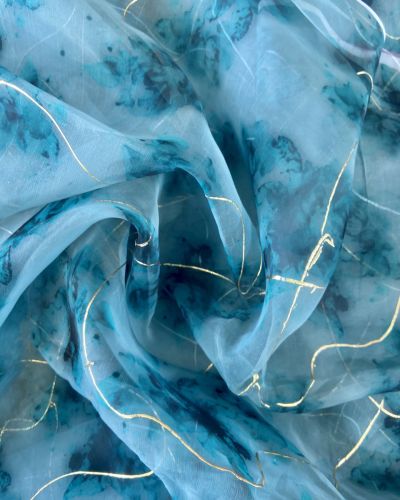 Aqua Blue Tie & Dye Shibori Printed With Gold Foil Embroidery Organza Fabric