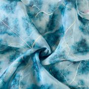 Aqua Blue Tie & Dye Shibori Printed With Gold Foil Embroidery Organza Fabric