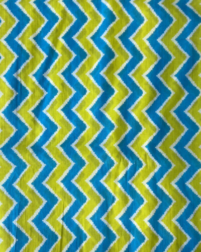 Parrot Green & Sky Blue Hand Block Print Zig Zag Design Cotton Fabric