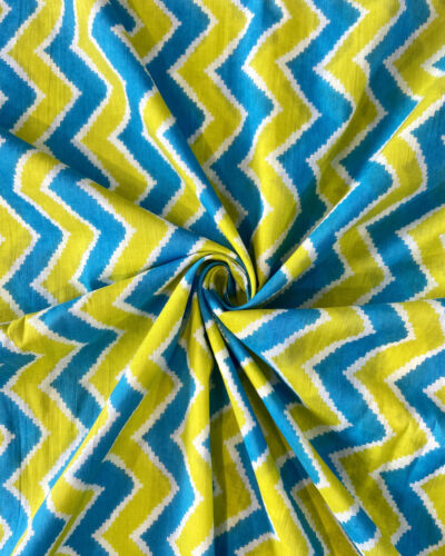 Parrot Green & Sky Blue Hand Block Print Zig Zag Design Cotton Fabric