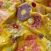 Exclusive Floral Designer Embroidery With Faux Mirror On Yellow Viscose Georgette Fabric