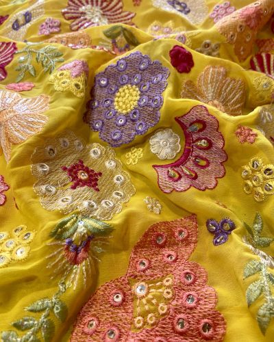 Exclusive Floral Designer Embroidery With Faux Mirror On Yellow Viscose Georgette Fabric