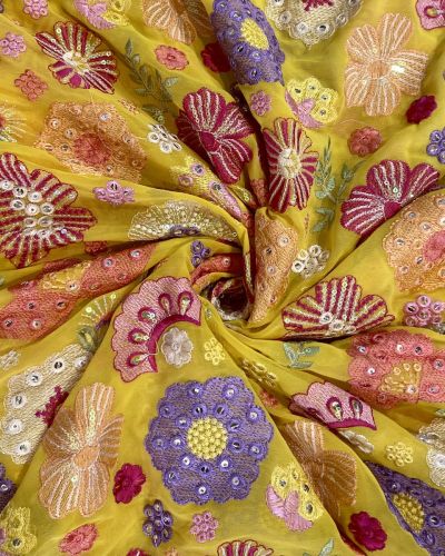 Exclusive Floral Designer Embroidery With Faux Mirror On Yellow Viscose Georgette Fabric