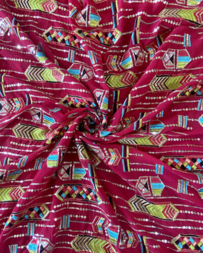 Exclusive Bohemian Multicoloured Embroidered Hot Pink Georgette Fabric With Ethnic Pattern