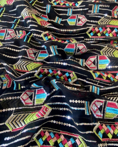 Exclusive Bohemian Multicoloured Embroidered Black Georgette Fabric With Ethnic Pattern