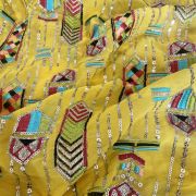 Exclusive Bohemian Multicoloured Embroidered Yellow Georgette Fabric With Ethnic Pattern