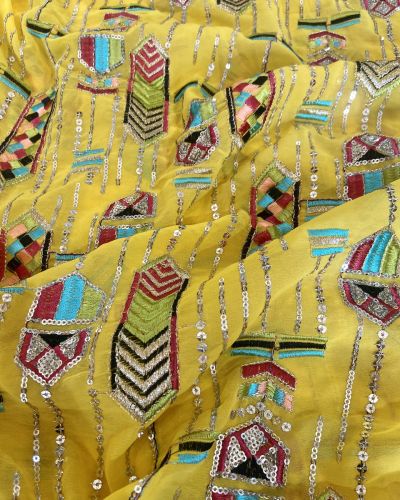 Exclusive Bohemian Multicoloured Embroidered Yellow Georgette Fabric With Ethnic Pattern