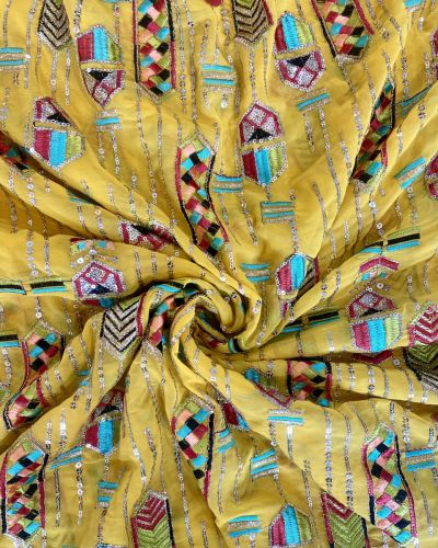 Exclusive Bohemian Multicoloured Embroidered Yellow Georgette Fabric With Ethnic Pattern