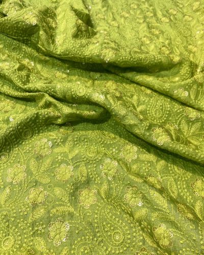 Chikankari With Sequin Embroidery On Parrot Green Pure Mysore Silk Fabric