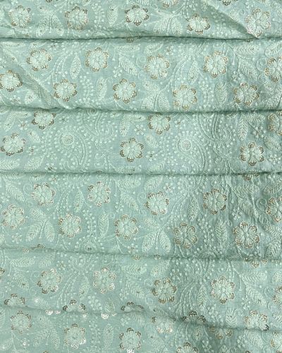 ChikanKari With Sequin Embroidery On Sea Green Pure Mysore Silk Fabric