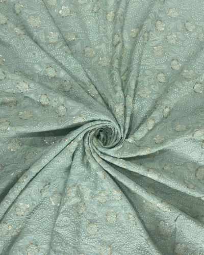 ChikanKari With Sequin Embroidery On Sea Green Pure Mysore Silk Fabric