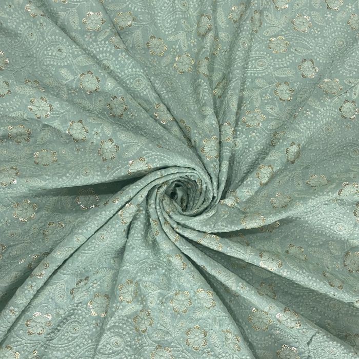 ChikanKari With Sequin Embroidery On Sea Green Pure Mysore Silk Fabric