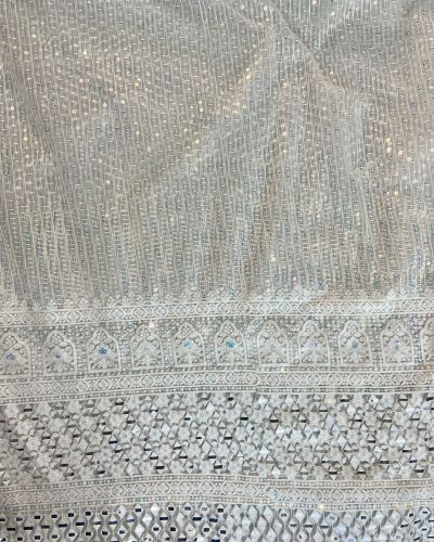 Holographic Rainbow Sequin With Mirror Work Border On Off – White Net Fabric