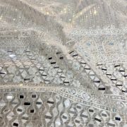 Holographic Rainbow Sequin With Mirror Work Border On Off – White Net Fabric