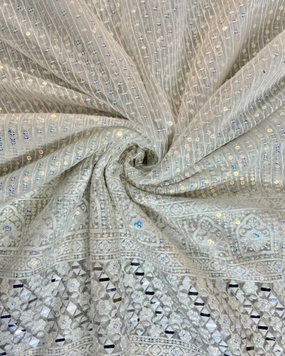 Holographic Rainbow Sequin With Mirror Work Border On Off – White Net Fabric