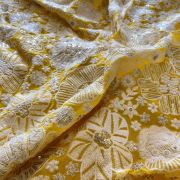 White Thread Embroidery With Sequin Highlight In Floral Pattern On Yellow Georgette Fabric