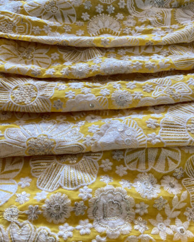 White Thread Embroidery With Sequin Highlight In Floral Pattern On Yellow Georgette Fabric