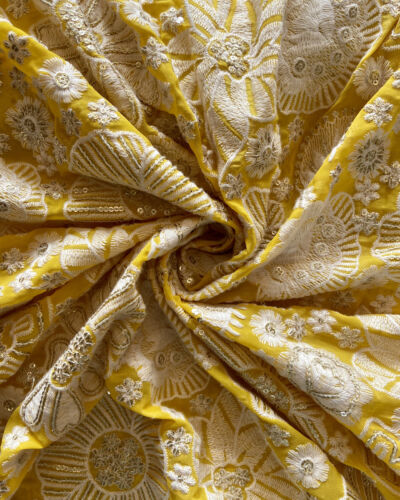 White Thread Embroidery With Sequin Highlight In Floral Pattern On Yellow Georgette Fabric