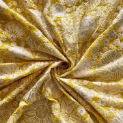 White Thread Embroidery With Sequin Highlight In Floral Pattern On Yellow Georgette Fabric