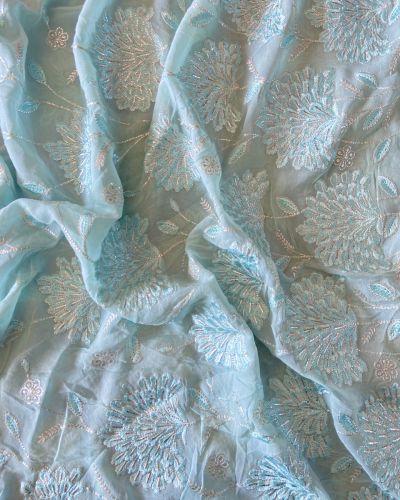 Sky Blue Fabric Thread Embroidery With Silver Mukaish